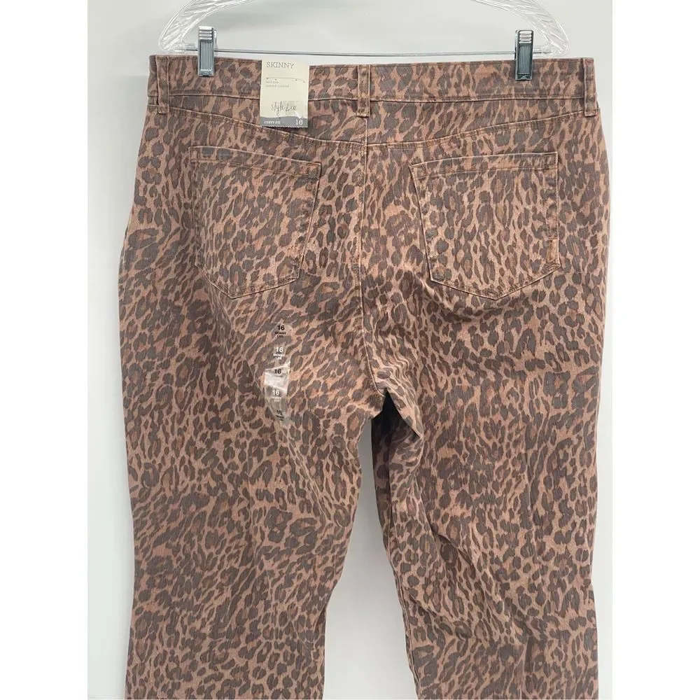 Style & Co Jeans Skinny Leopard Women Size 16 Brown‎ Black High Rise New